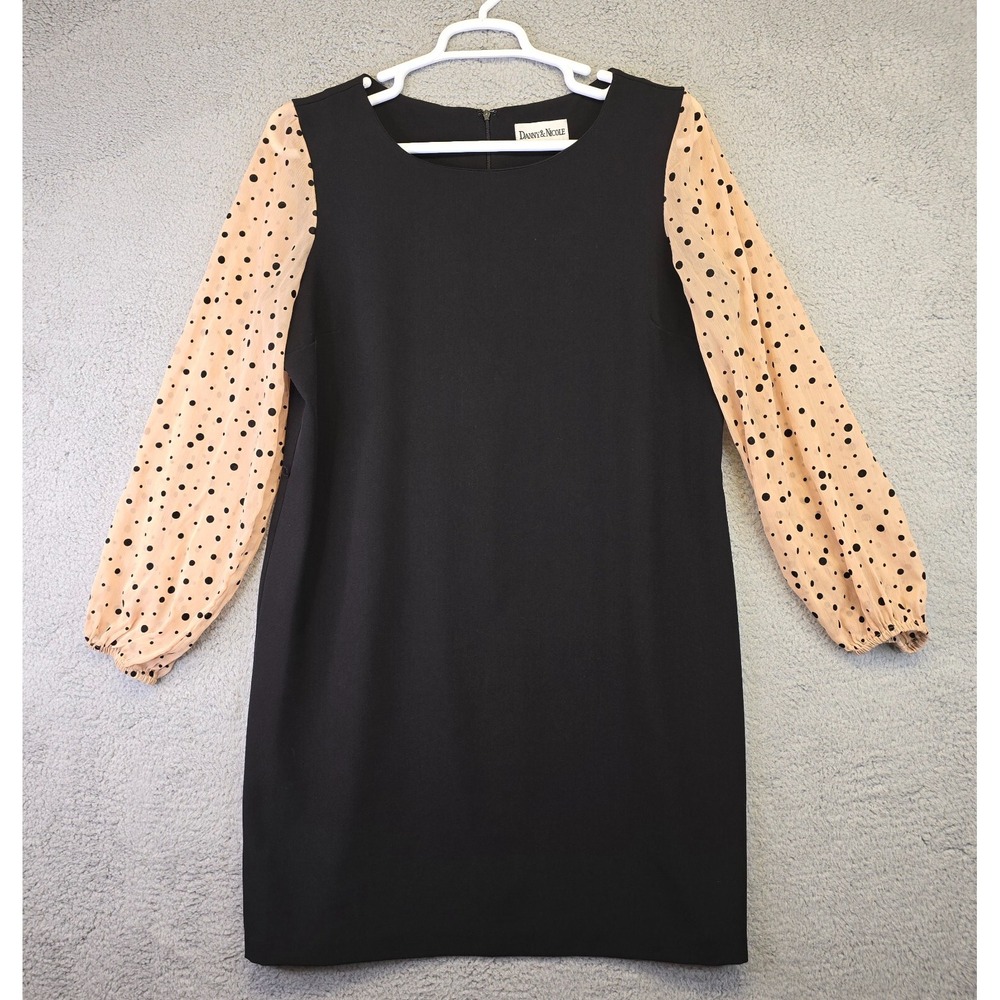 Danny and Nicole Dress Women's XL Black Shift Light‎ Polka Dot Semi Sheer Sleeve